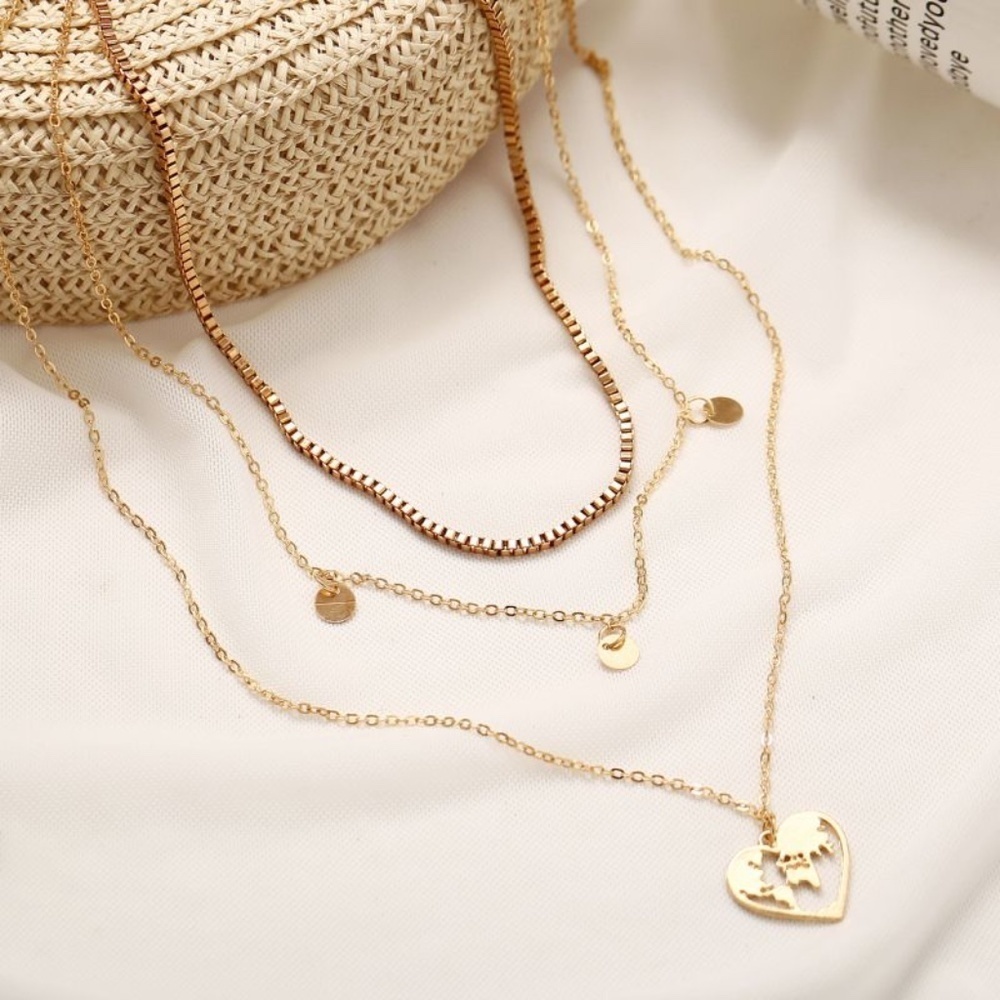 *CILO* Gold Heart x Earth Fashion Layered Necklace